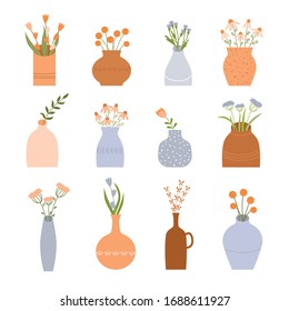 Set of ceramic vases with flowers. Summer season. Minimalism, flat style. Vector illustration. Isolated on a white background.