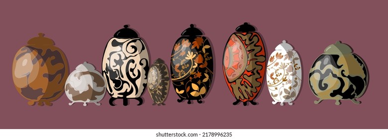 Set of ceramic vases. Handmade porcelain vase with abstract decor.Pottery vector set, object for home interior.