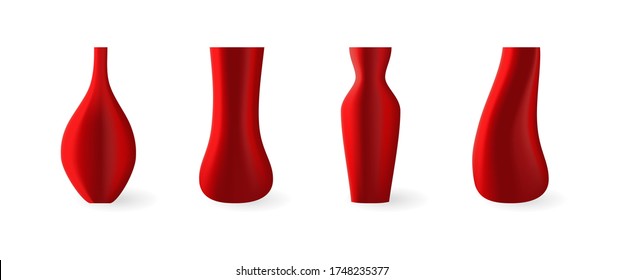 Set ceramic vases on a white background. Floor bowls in realistic style. Red vases. Interior design icons. Vector illustration 3D.