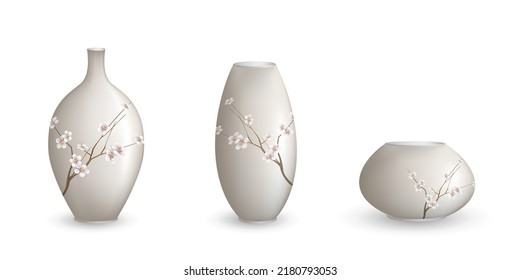 Un conjunto de jarrones de cerámica con una imagen de ramas de cerezo (sakura) sobre ellos. Ilustración gráfica vectorial.