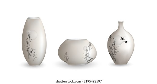 A set of ceramic vases with a picture of reed (cane) and herons or cranes flying in the sky on them. Vector graphic illustration.