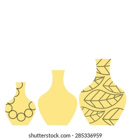 Set of ceramic vases standing in a row isolated on white backround. Card with empty space. Vase with a floral pattern. Vase without pattern. Vase with a pattern of circles. 