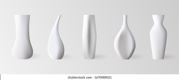 Set ceramic white vase 3D isolated on a white background. Сollection of floor bowls in a realistic style. Different forms of vases for interior design. Vector illustration. Stock.
