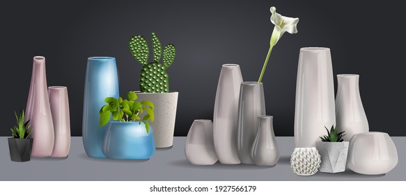 Set ceramic white vase 3D isolated on a black background. ollection of floor bowls in a realistic style. Different forms of vases for interior design. Vector illustration.