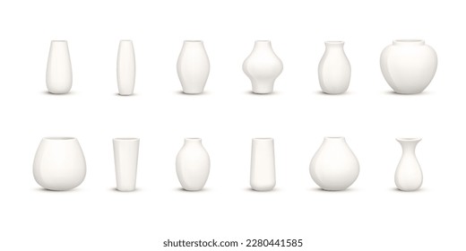 Set of ceramic white vase isolated on background. Collection of floor bowls for decoration floor at home in a realistic style. Different forms of antique vases for interior design. Vector illustration