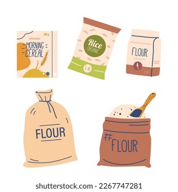 Set of Cereal Boxes, Bags And Pouches In Different Shapes And Colors. Packaging with Breakfast Cereal Products. Concept of Variety, Choice, And Convenience In Food Options. Cartoon Vector Illustration