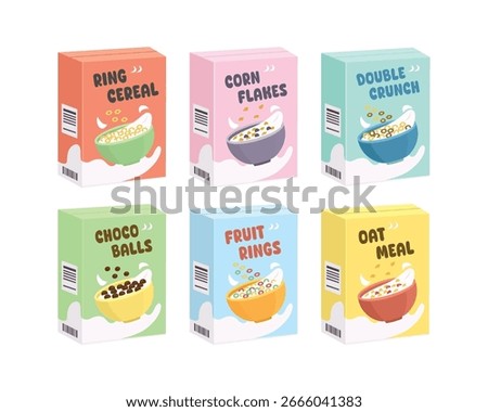 Set of cereal cardboard. Product box. Cereal packaging. Dairy breakfast food.