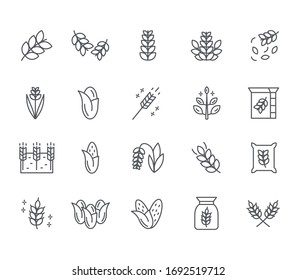 Set of cereal Related Vector Line Icons. Includes such Icons as plants, wheat, vegetable garden, flour, grain and more.