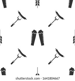 Set Cereals set with rice, wheat, corn, oats, rye, barley, Glass of beer and Sausage on the fork on seamless pattern. Vector