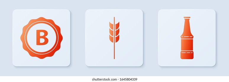 Set Cereals set with rice, wheat, corn, oats, rye, barley, Bottle cap with inscription beer and Beer bottle. White square button. Vector