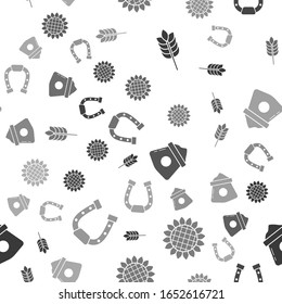 Set Cereals with rice, wheat, corn, oats, rye, Sunflower, Bag of flour and Horseshoe on seamless pattern. Vector