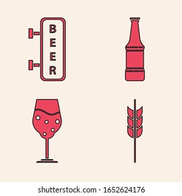 Colocar los cereales con arroz, trigo, maíz, avena, centeno, cebada, carteles de la calle con inscripción Cerveza, botella de cerveza y icono de cristal de cerveza. Vector