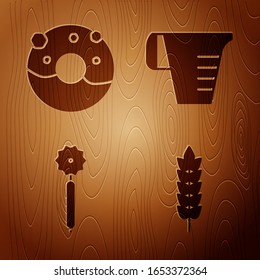 Set Cereals with rice, wheat, corn, oats, rye, Donut with sweet glaze , Pizza knife  and Measuring cup on wooden background. Vector