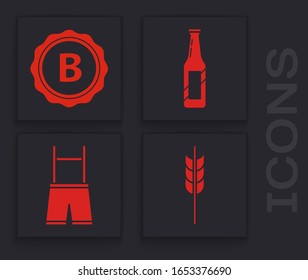 Colocar los cereales con arroz, trigo, maíz, avena, centeno, cebada, tapón de botella con cerveza de inscripción, botella de cerveza y icono de Lederhosen. Vector