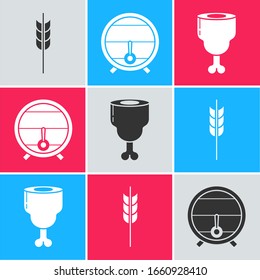 Set Cereals set with rice, wheat, corn, oats, rye, barley, Wooden barrel on rack with stopcock and Chicken leg icon. Vector