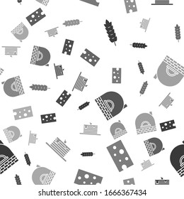 Set Cereals with rice, wheat, corn, oats, rye, Cheese , Brick stove  and Stack of pancakes  on seamless pattern. Vector