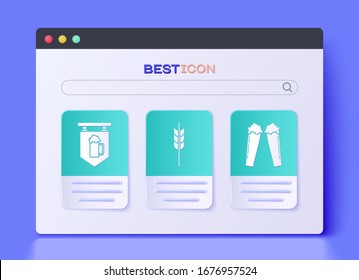 Set Cereals set with rice, wheat, corn, oats, rye, barley, Street signboard with glass of beer and Glass of beer icon. Vector