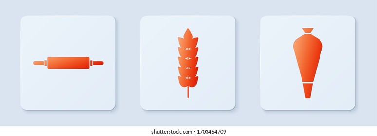 Ponga cereales con arroz, trigo, maíz, avena, centeno, rodillo y bolsita de pastelería para los pasteles decorativos. Botón cuadrado blanco. Vector