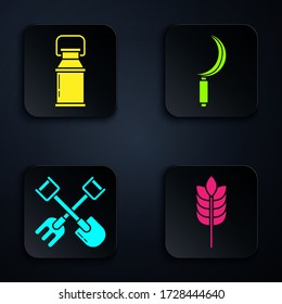 Set Cereals with rice, wheat, corn, oats, rye, Can container for milk, Shovel and rake and Sickle. Black square button. Vector