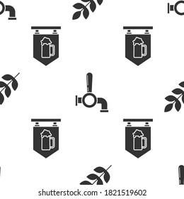 Set Cereals set with rice, wheat, corn, oats, rye, barley, Beer tap and Street signboard with glass of beer on seamless pattern. Vector