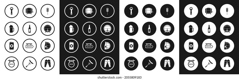 Set Cereals set with rice, wheat, corn, oats, rye, barley, Beer bottle, Glass of beer, Bottle opener, Wooden barrel on rack stopcock, and wooden and can icon. Vector