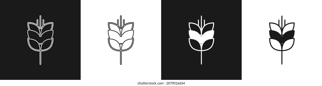 Set Cereals set with rice, wheat, corn, oats, rye, barley icon isolated on black and white background. Ears of wheat bread symbols.  Vector