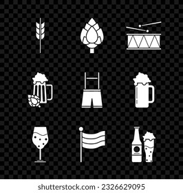 Set Cereals set with rice, wheat, corn, oats, rye, barley, Hop, Musical instrument drum and drum sticks, Glass of beer, National Germany flag, Beer bottle glass, hop and Lederhosen icon. Vector