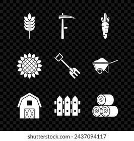 Set Cereals with rice, wheat, corn, oats, rye, Scythe, Carrot, Farm House concept, Garden fence wooden, Roll of hay, Sunflower and rake icon. Vector