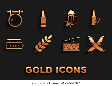 Set Cereals set with rice, wheat, corn, oats, rye, barley, Beer bottle, Crossed sausage, Musical instrument drum and drum sticks, Street signboard inscription, Glass of beer hop,  and  icon. Vector