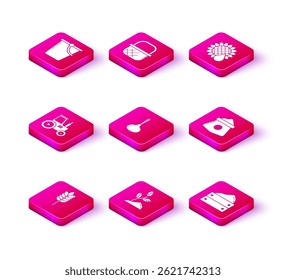 Conjunto de cereales con arroz, trigo, maíz, avena, centeno, brotes, tractor, cebolla, cosecha de caja de madera, bolsa de harina, girasol e icono de la cesta de la compra. Vector