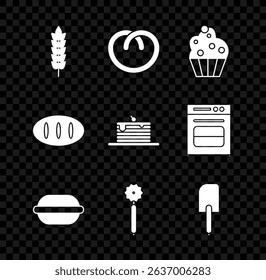 Set Cereals with rice, wheat, corn, oats, rye, Pretzel, Cupcake, Macaron cookie, Pizza knife, Spatula, Bread loaf and Stack of pancakes icon. Vector