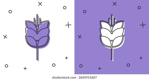 Set Cereais conjunto com arroz, trigo, milho, aveia, centeio, ícone de cevada isolado no fundo branco e roxo. Orelhas de símbolos de pão de trigo.  Vetor