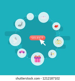 Set of ceremony icons flat style symbols with necklace, just married, dove and other icons for your web mobile app logo design.