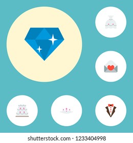 Set of ceremony icons flat style symbols with bride dress, wedding cake, diamond and other icons for your web mobile app logo design.