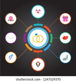 Set of ceremony icons flat style symbols with heeled shoes, brougham, gender signs and other icons for your web mobile app logo design.