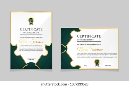 Conjunto de plantillas de diseño de borde de certificados de logro con elementos de distintivos de oro de lujo y patrones de línea modernos. diseño de impresión gráfica vectorial que se puede utilizar Para premios, valoraciones, educación