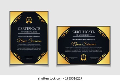 Conjunto de plantillas de diseño de borde de certificados de logro con elementos de distintivos de oro de lujo y patrones de línea modernos. diseño de impresión gráfica vectorial que se puede utilizar Para premios, valoraciones, educación