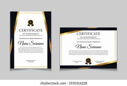 Conjunto de plantillas de diseño de borde de certificados de logro con elementos de distintivos de oro de lujo y patrones de línea modernos. diseño de impresión gráfica vectorial que se puede utilizar Para premios, valoraciones, educación