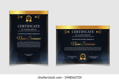 Conjunto de plantillas de diseño de borde de certificados de logro con elementos de distintivos de oro de lujo y patrones de línea modernos. diseño de impresión gráfica vectorial que se puede utilizar Para premios, valoraciones, educación