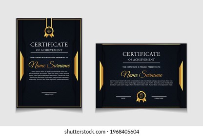 Conjunto de plantillas de diseño de borde de certificados de logro con elementos de distintivos de oro de lujo y patrones de línea modernos. diseño de impresión gráfica vectorial que se puede utilizar Para premios, valoraciones, educación