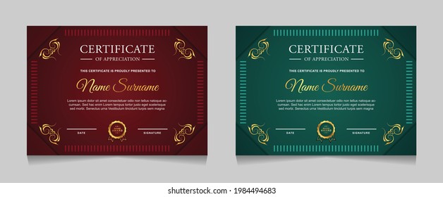 Conjunto de plantillas de diseño de borde de certificados de logro con elementos de distintivos de oro de lujo y patrones de línea modernos. diseño de impresión gráfica vectorial que se puede utilizar Para premios, valoraciones, educación