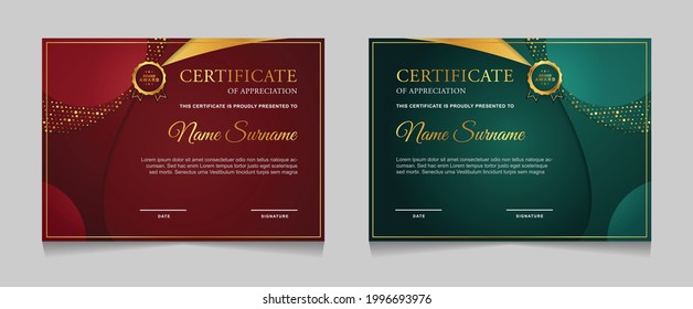 Establecer plantillas de diseño de borde de certificados de logro con elementos de distintivos de oro de lujo y patrones de línea modernos. diseño de impresión gráfica vectorial que se puede utilizar Para premios, valoraciones, educación