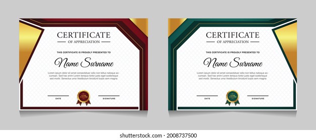 Conjunto de plantillas de diseño de borde de certificados de logro con elementos de distintivos de oro de lujo y patrones de línea modernos. diseño de impresión gráfica vectorial que se puede utilizar Para premios, valoraciones, educación