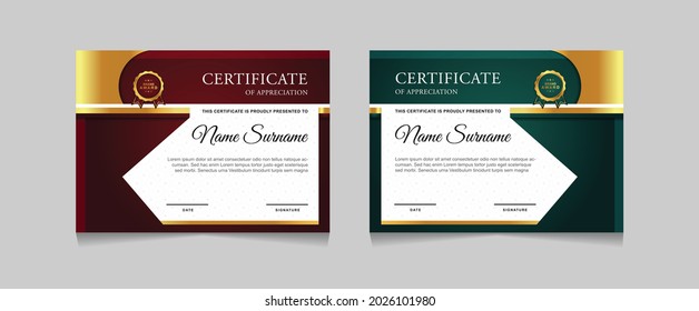 Conjunto de plantillas de diseño de borde de certificados de logro con elementos de distintivos de oro de lujo y patrones de línea modernos. diseño de impresión gráfica vectorial que se puede utilizar Para premios, valoraciones, educación