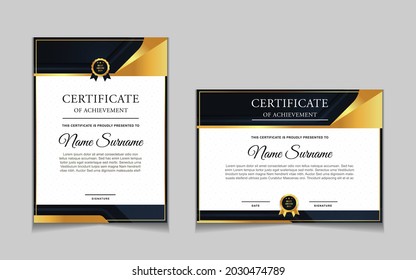 Conjunto de plantillas de diseño de borde de certificados de logro con elementos de distintivos de oro de lujo y patrones de línea modernos. diseño de impresión gráfica vectorial que se puede utilizar Para premios, valoraciones, educación