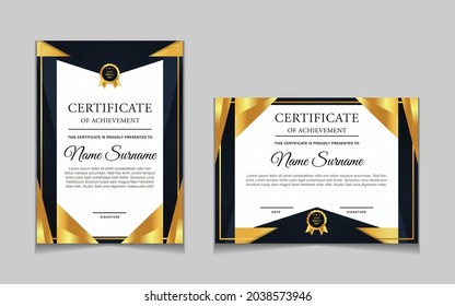 Conjunto de plantillas de diseño de borde de certificados de logro con elementos de distintivos de oro de lujo y patrones de línea modernos. diseño de impresión gráfica vectorial que se puede utilizar Para premios, valoraciones, educación