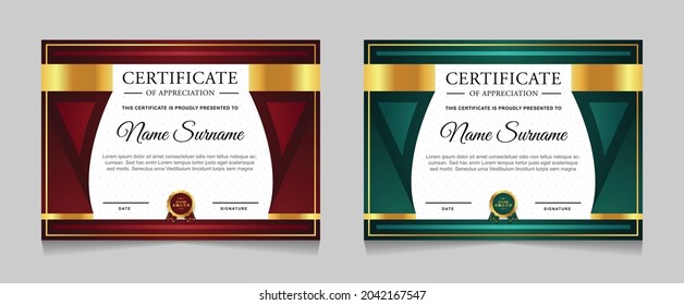 Establecer plantillas de diseño de borde de certificados de logro con elementos de distintivos de oro de lujo y patrones de línea modernos. diseño de impresión gráfica vectorial que se puede utilizar Para premios, valoraciones, educación