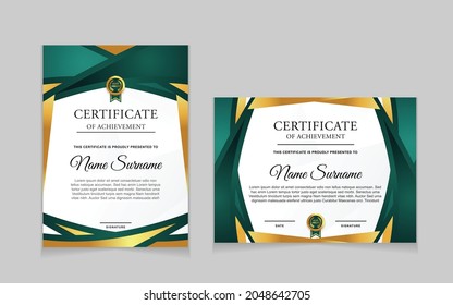 Establecer plantillas de diseño de borde de certificados de logro con elementos de distintivos de oro de lujo y patrones de línea modernos. diseño de impresión gráfica vectorial que se puede utilizar Para premios, valoraciones, educación