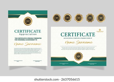Set of certificate of achievement border design templates with elements of luxury gold badges and modern line patterns. vector graphic print layout can use For award, appreciation, education