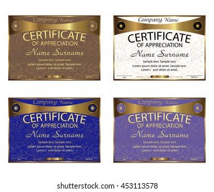 Set certificate of appreciation, diploma. Horizontal. Winning the competition. Reward. Award winner. Vector illustration.